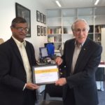 Dr. Milind Kirtane receiving the Cochlear Hearo Award from Dr Graeme Clark, the pioneer of Cochlear Implants in Sydney, Australia